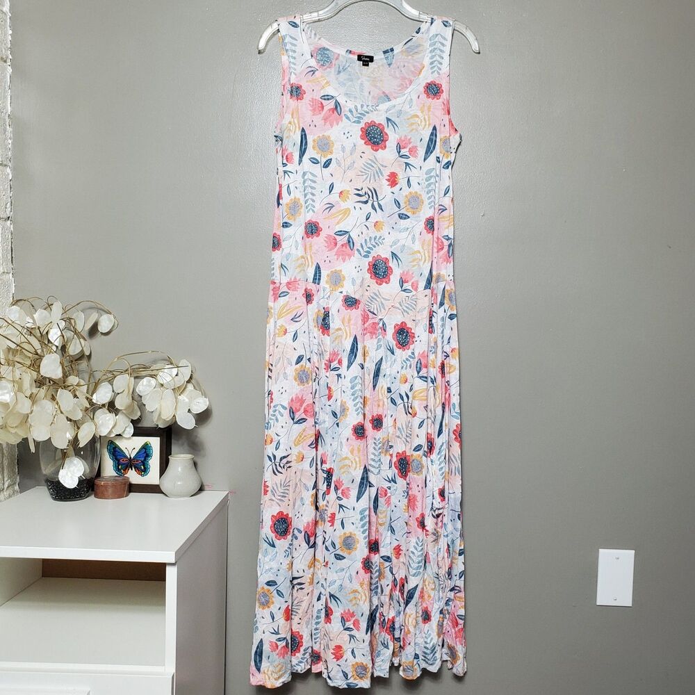 Shana Dress Womens Size XS White Floral Sleeveless Midi Long Adjustable Hemline